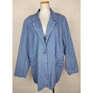 Quacker Factory Womens Blue Demin Rhinestone Embellished Jacket 3X‎